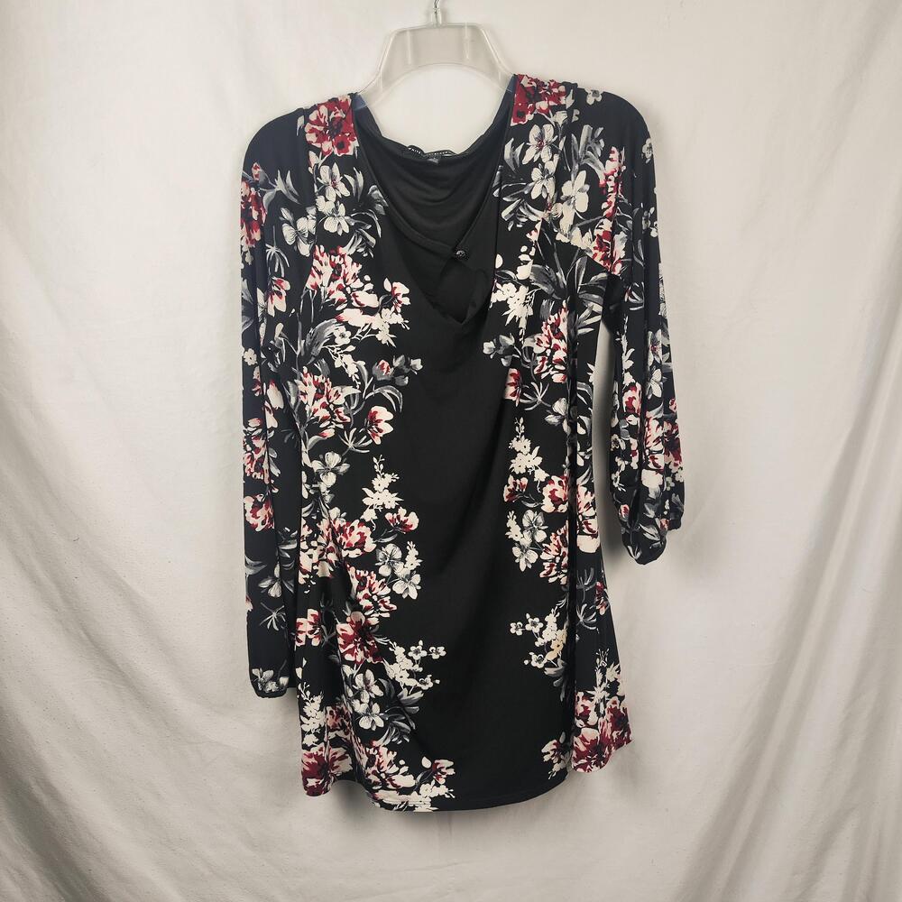 White House Black Market Blouse Womens Large Black Floral Keyhole Tunic Top